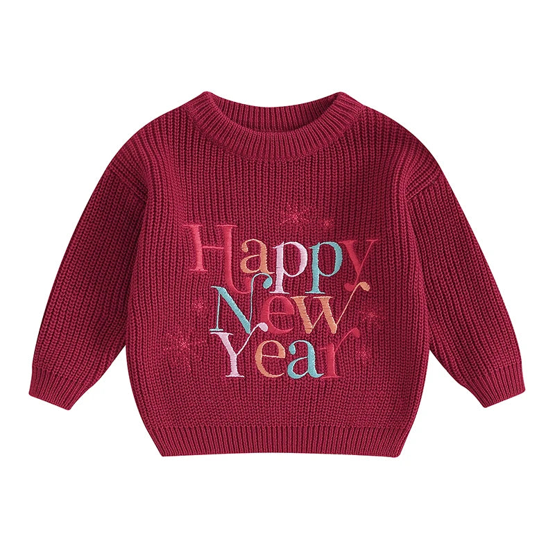 Baby Boy Girl New Year Outfit Long Sleeve Crewneck Letter Embroidery Sweater Tops Infant Winter Clothes