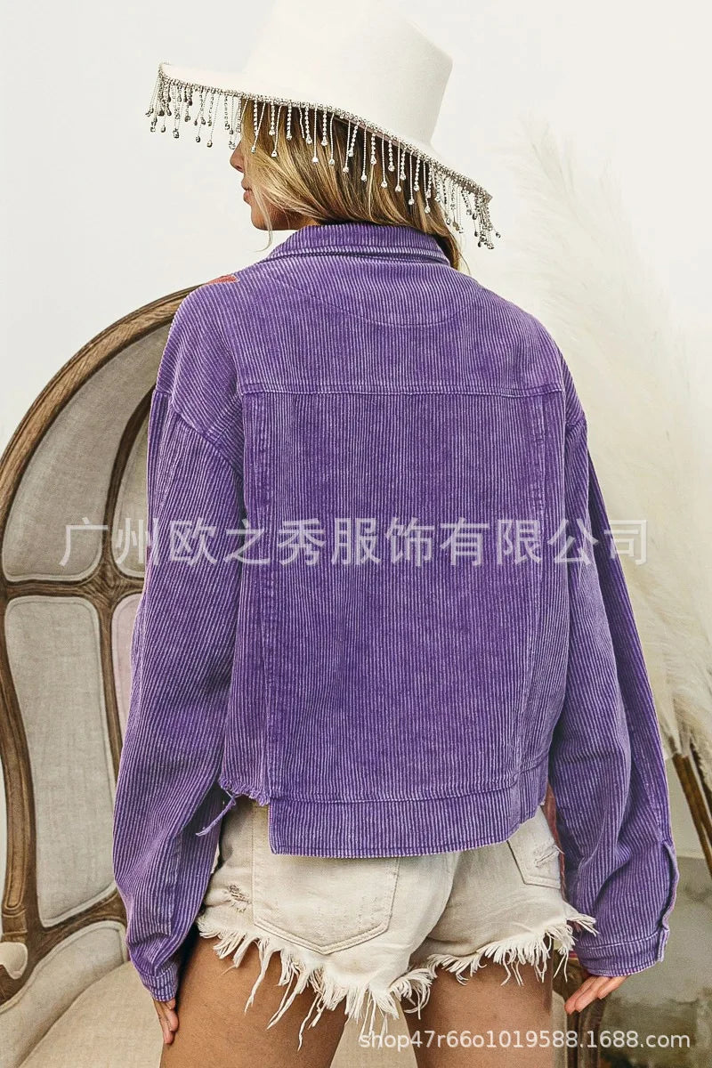Corduroy Women Mardi Gras Jacket Iris Glitter Cardigan Purple Lapels Single Breasted Spliced Women's Coat Jackets