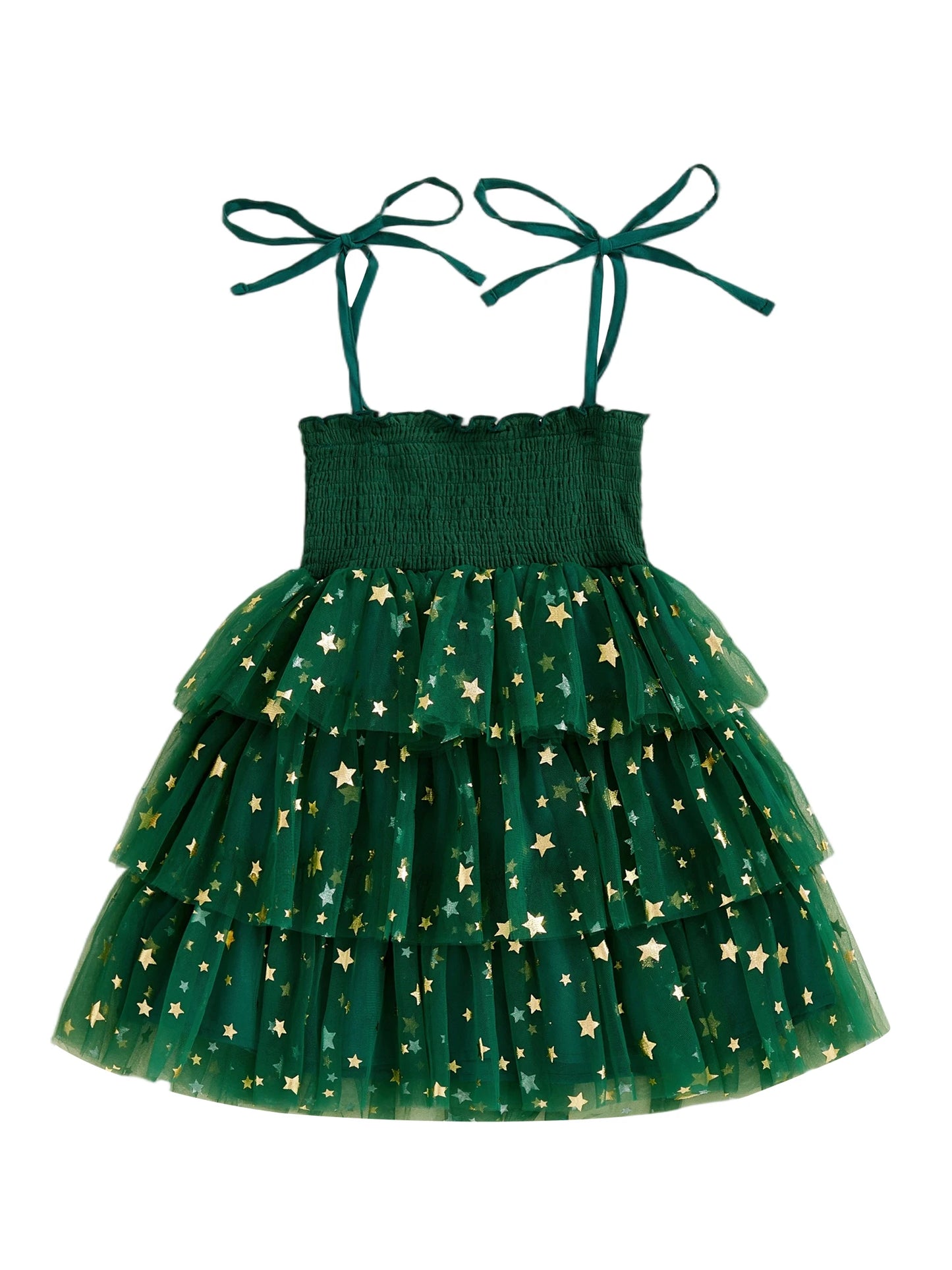 Toddler Girl Christmas A Line Dress Star Print Sleeveless Tie-up Strap Smocked Tulle Cake Dress