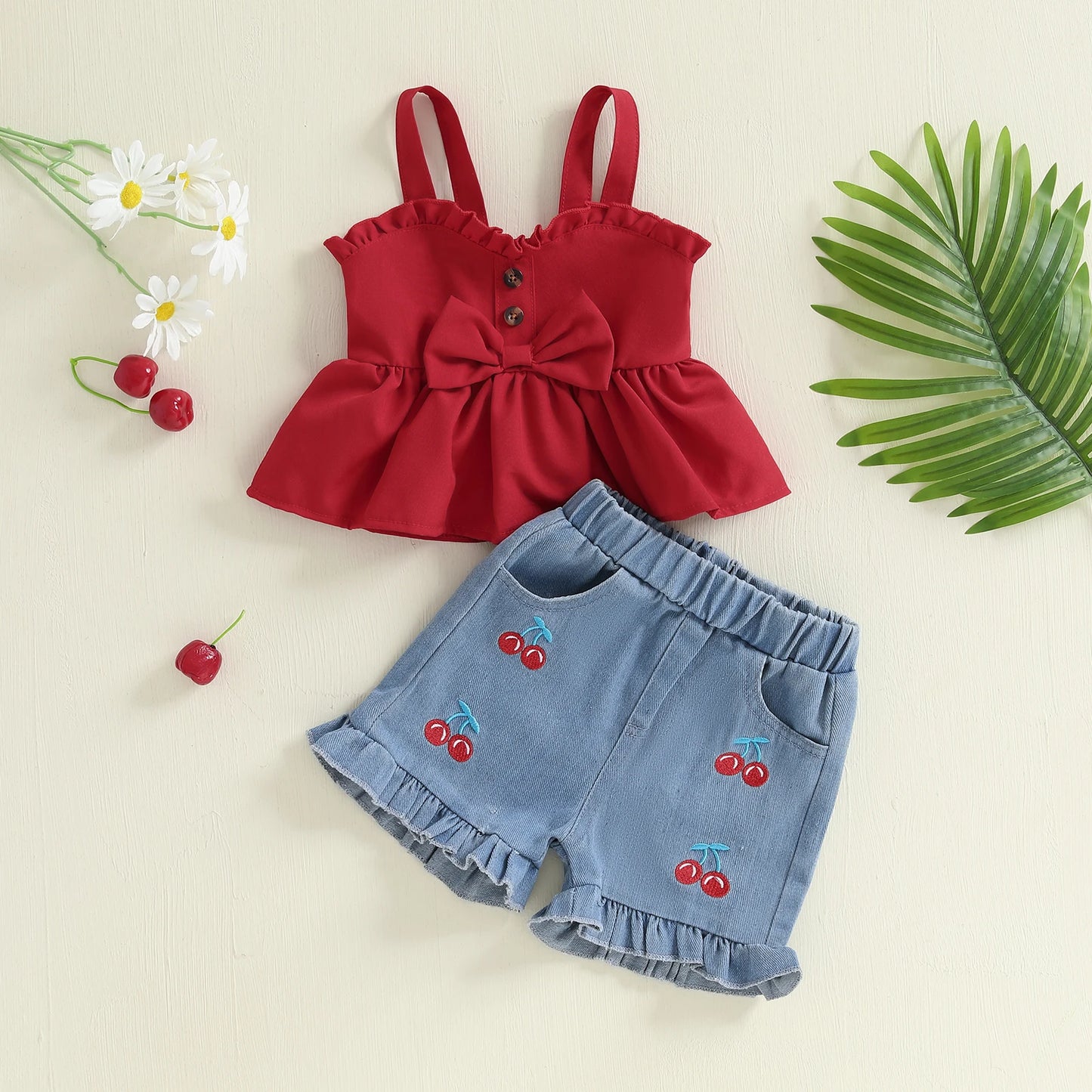 Girls Summer Outfits Bow Sleeveless Camisole and Elastic Cherry Embroidery Denim Shorts Set