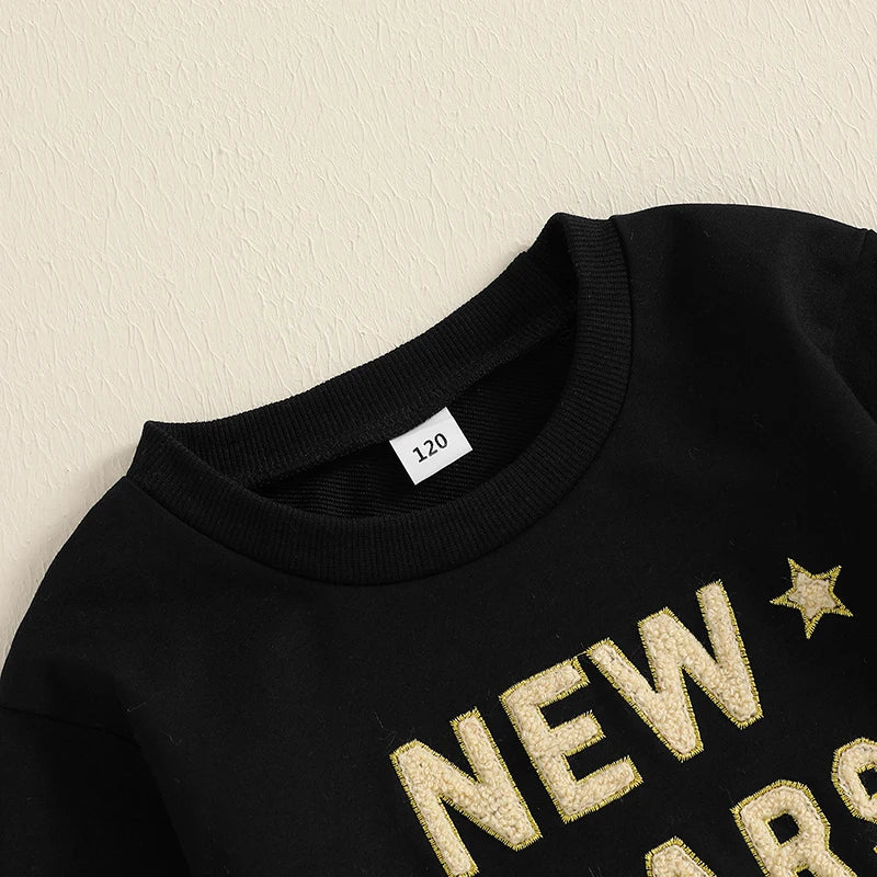 Toddler Kids Girl New Year Skirt Outfit Letter Embroidery Long Sleeve Sweatshirt Glitter Star Print Tulle Skirt Clothing Set