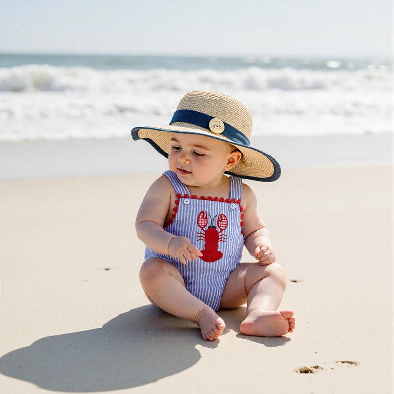 Toddler Baby Boys Summer Overalls Casual Lobster Embroidery Striped Print Sleeveless Jumpsuit Cute Clothes