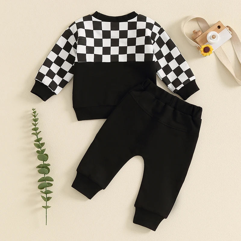 Toddler Boy Fall Clothes Checkerboard Print Long Sleeve Pocket Sweatshirt with Solid Color Pants 2Pcs Outfits
