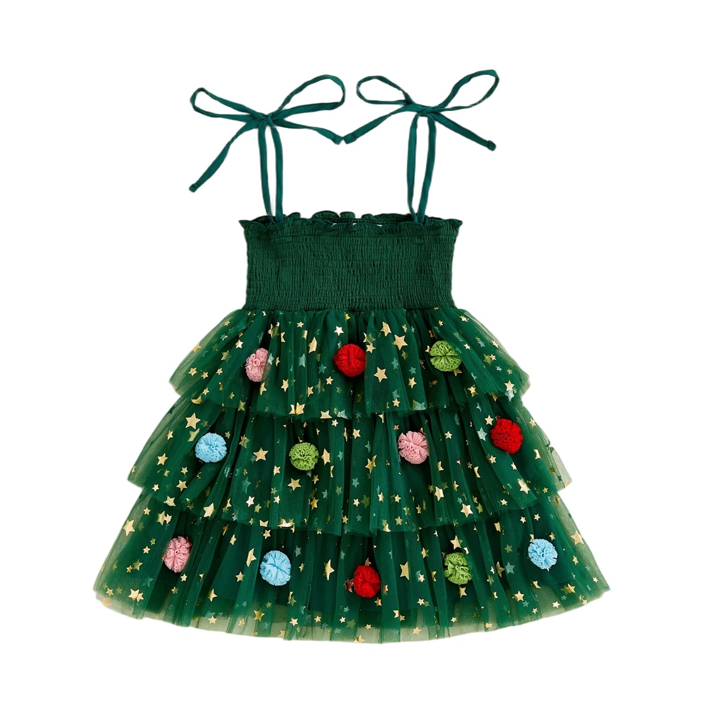 Toddler Girl Christmas A Line Dress Star Print Sleeveless Tie-up Strap Smocked Tulle Cake Dress