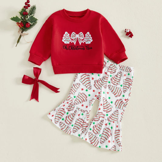 Christmas Outfit Bow Tree Applique Crewneck Sweatshirt and Flare Pants 2 Piece Winter Fall Set