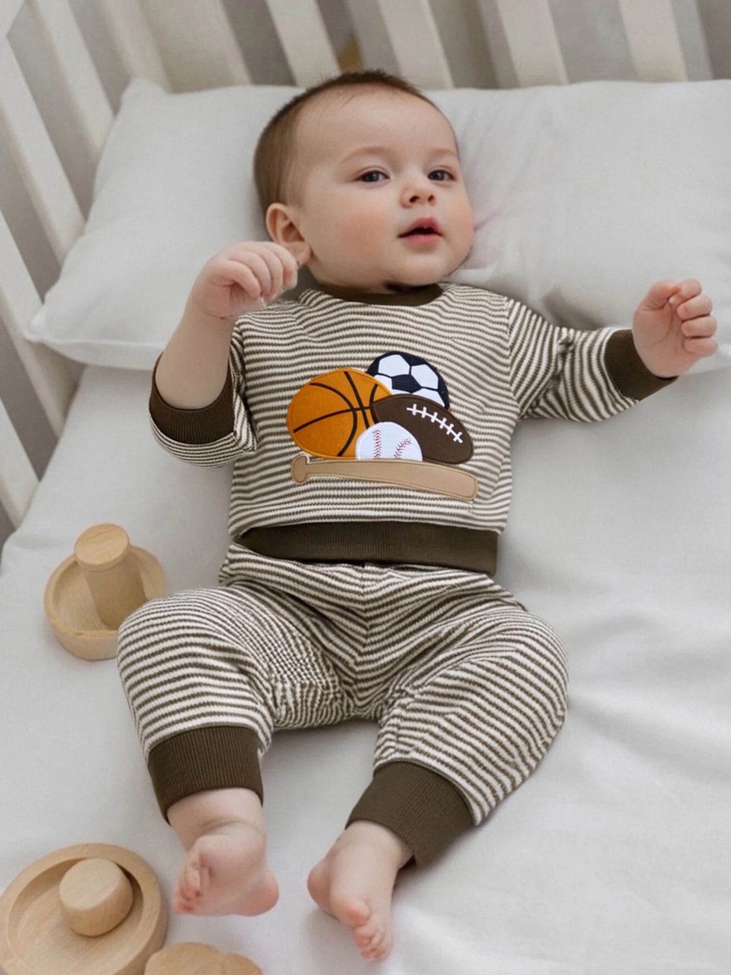 Lioraitiin Toddler Baby Boy Fall Outfit Rugby Embroidery Striped Long Sleeve Sweatshirt and Elastic Pants 2 Piece Clothes