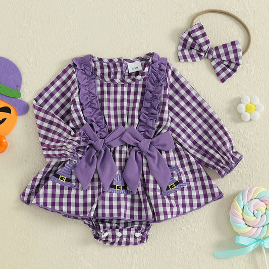Lioraitiin Baby Girl Halloween Outfit Plaid Witch Hat Embroidery Long Sleeve Romper Dress and Bow Headband 2Pcs Set