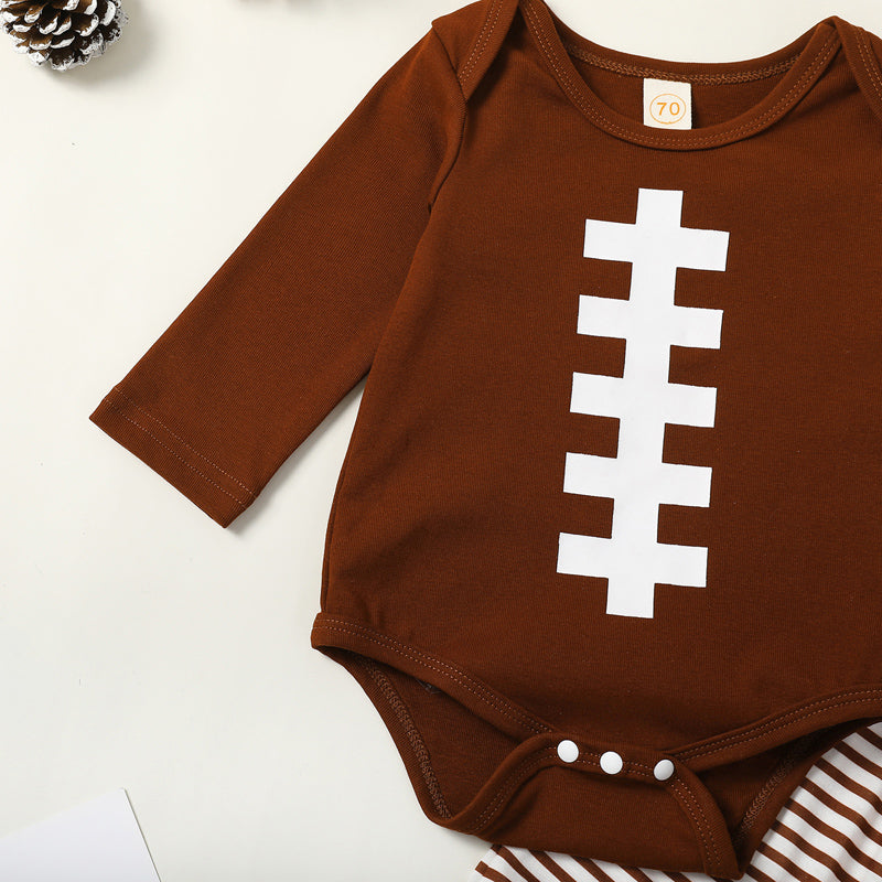 Baby Boy Girl Football Outfit Long Sleeve Sweatshirt Romper Rugby Stripe Elastic Pants 3PCS Clothes