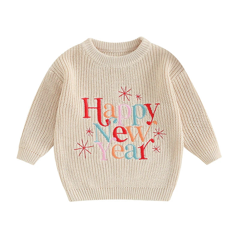 Baby Boy Girl New Year Outfit Long Sleeve Crewneck Letter Embroidery Sweater Tops Infant Winter Clothes