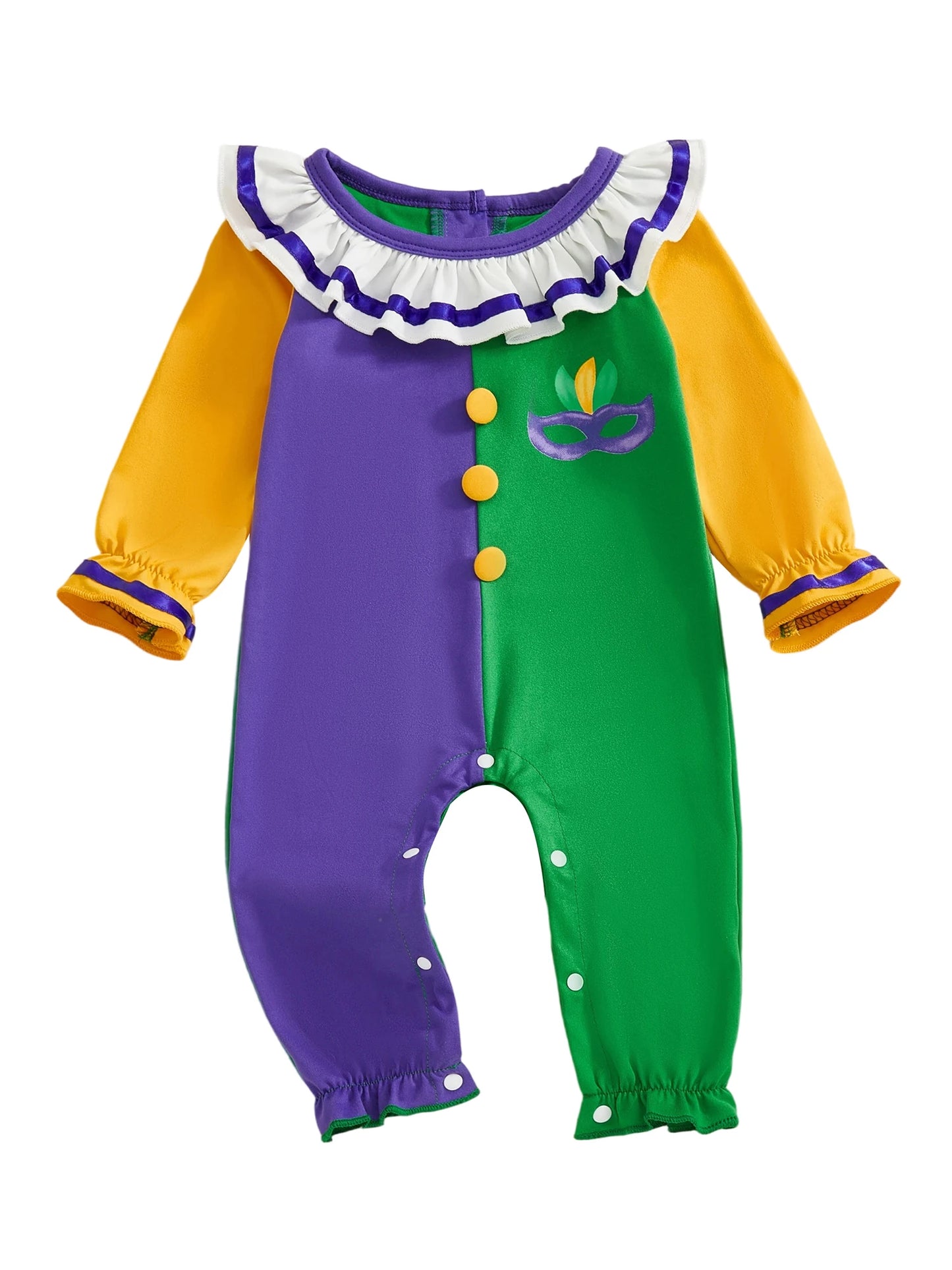 Mardi Gras Themed Romper Contrast Color Ruffled Neckline Long Sleeve Facewear Print Jumpsuit