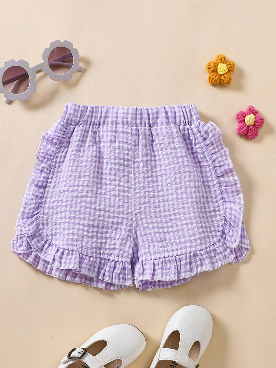 Girl Summer Shorts Plaid Pattern Lotus Edge Cute Casual Fashion Comfortable Soft Shorts