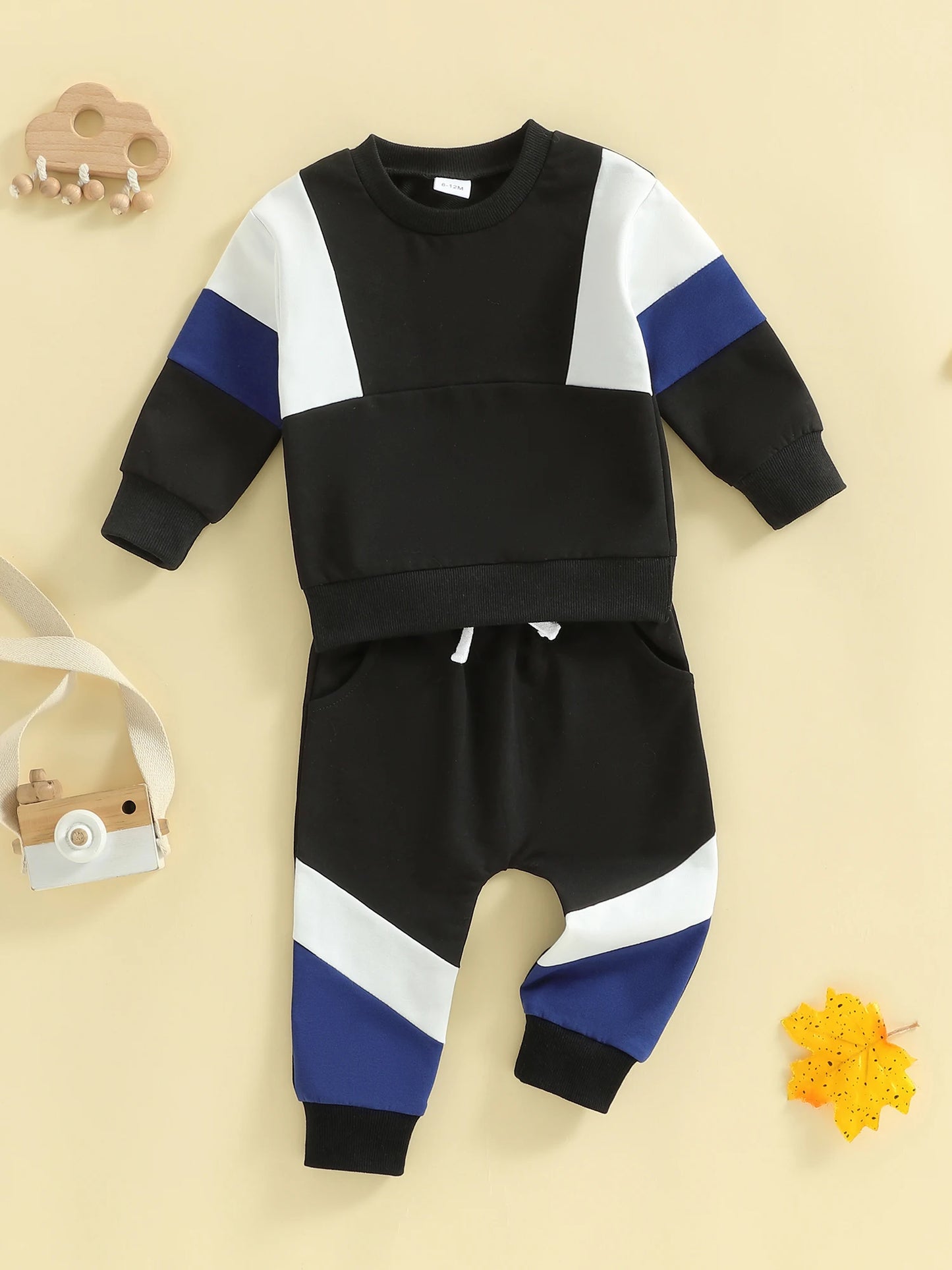 2Pcs Toddler Boy Fall Outfits Long Sleeve Crew Neck Patchwork Pullover Sweatshirt and Joggers Pants Set