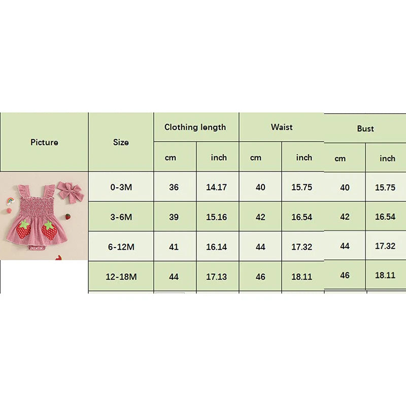 Baby Girl Plaid Romper Dress Strawberry Smocked Fly Sleeve Bodysuit with Headband 2Pcs Summer Outfit