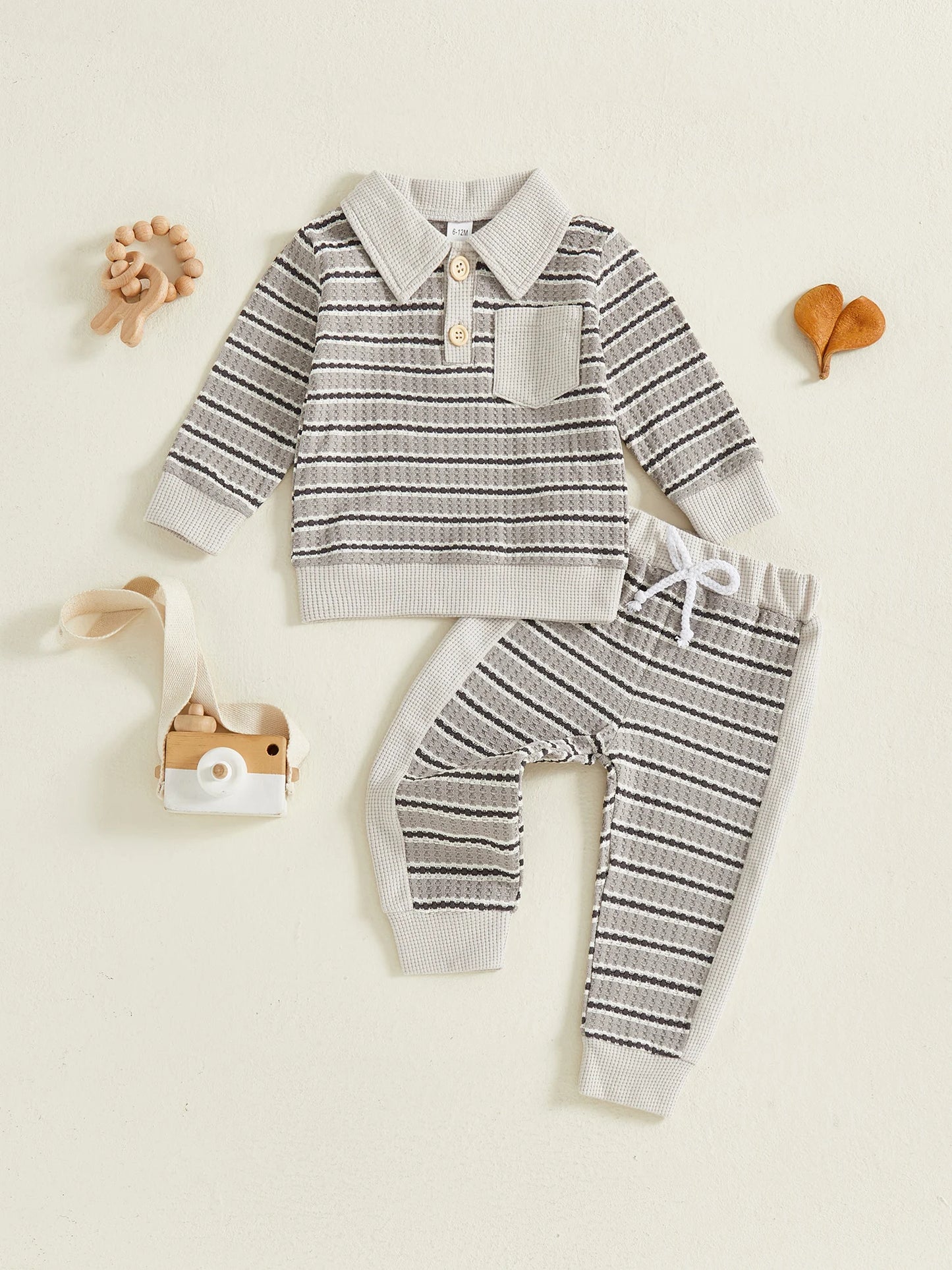 Toddler Boy Fall Outfits Stripe Long Sleeve Lapel Button Pullover + Elastic Waist Pants 2Pcs Set