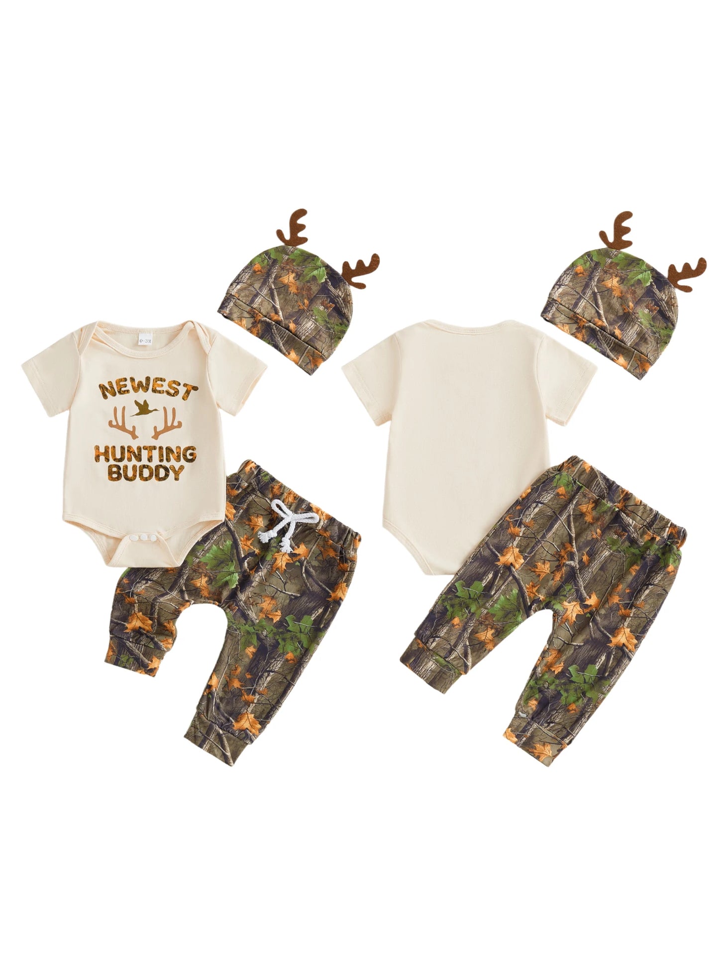 3Pcs BabyOutfits Short Sleeve Romper Camo Pants Hat Set Hunted Clothes