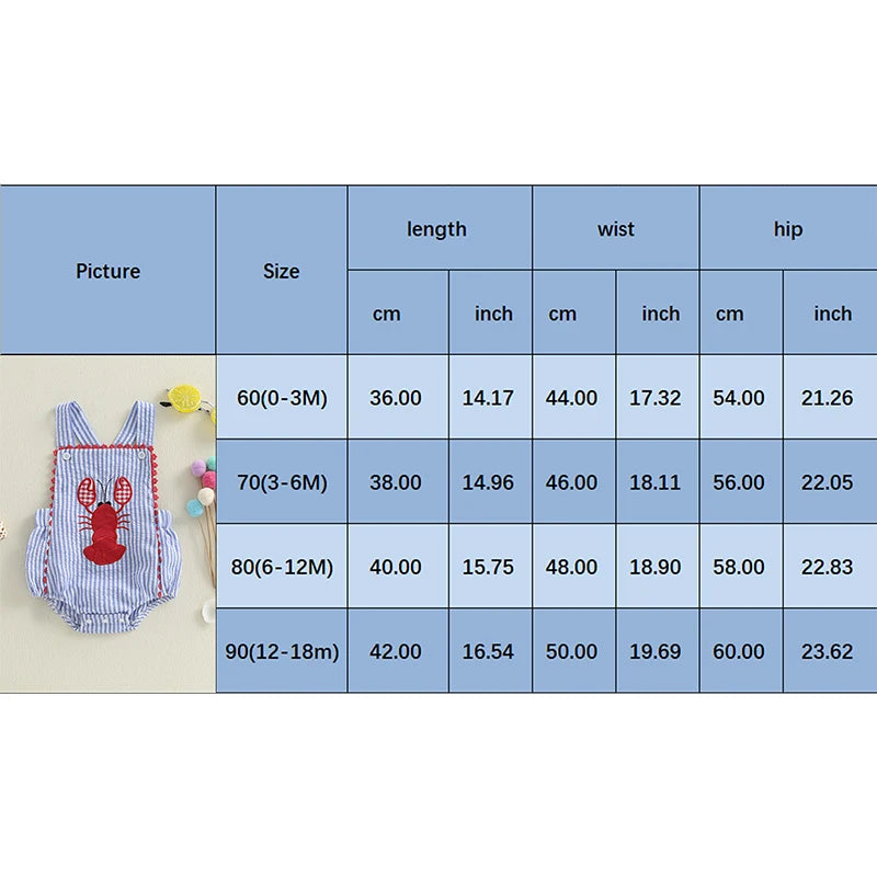 Toddler Baby Boys Summer Overalls Casual Lobster Embroidery Striped Print Sleeveless Jumpsuit Cute Clothes