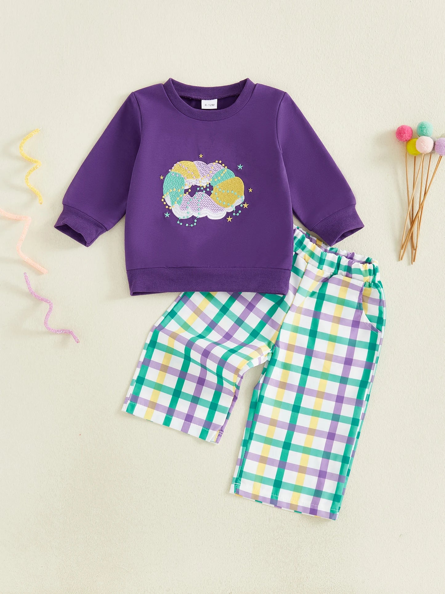 Toddler Baby Mardi Gras Outfits Embroidery Long Sleeve Round Neck Pullover Elastic Waist Plaid Pants 2 Pcs Set