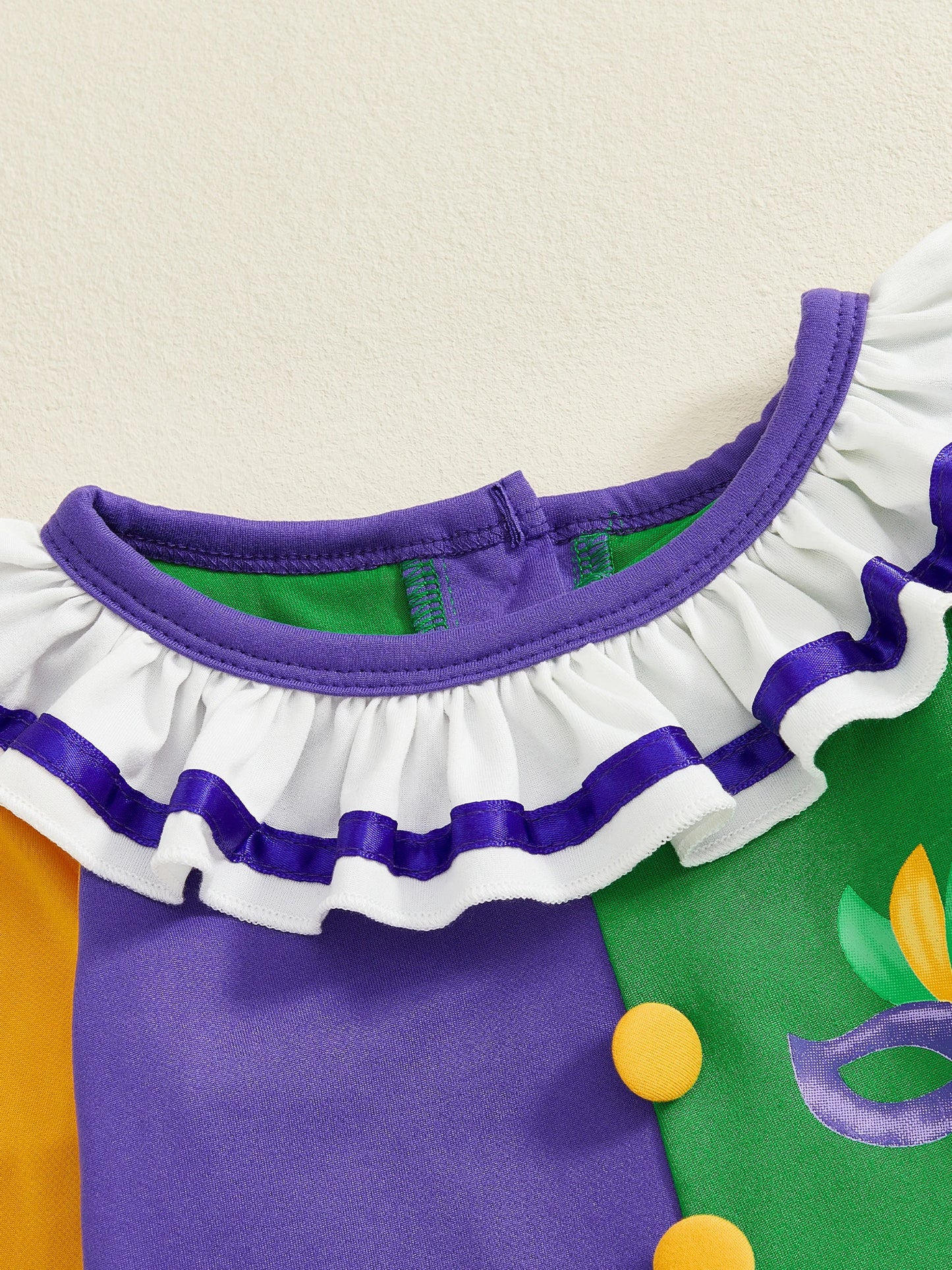 Mardi Gras Themed Romper Contrast Color Ruffled Neckline Long Sleeve Facewear Print Jumpsuit