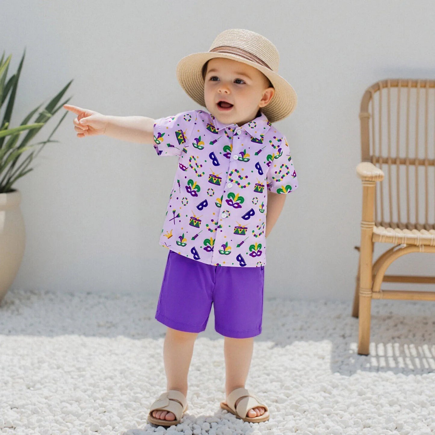 Toddler Little Boy Mardi Gras Outfit Printed Short Sleeve Button-up Shirt and Solid Elastic Waist Shorts 2 Piece Set