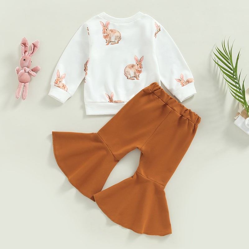 Girls Easter Clothes Set, Rabbit Print Long Sleeve Crew Neck Sweatshirts with Solid Flare Pants