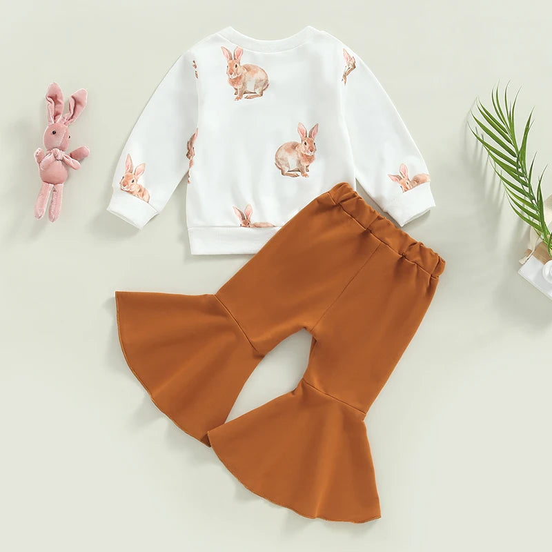 Girls Easter Clothes Set, Rabbit Print Long Sleeve Crew Neck Sweatshirts with Solid Flare Pants