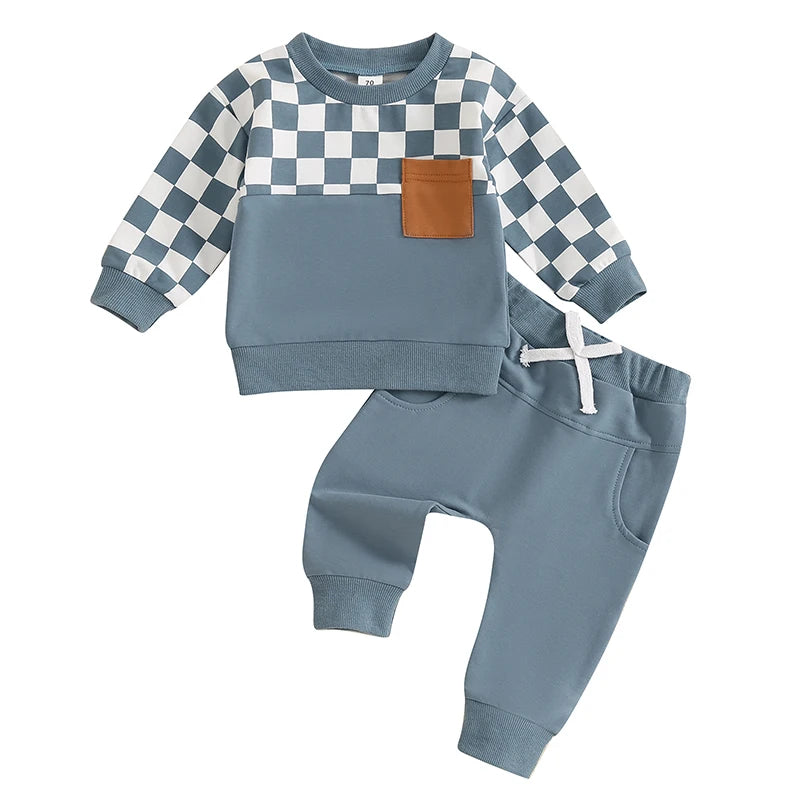 Toddler Boy Fall Clothes Checkerboard Print Long Sleeve Pocket Sweatshirt with Solid Color Pants 2Pcs Outfits