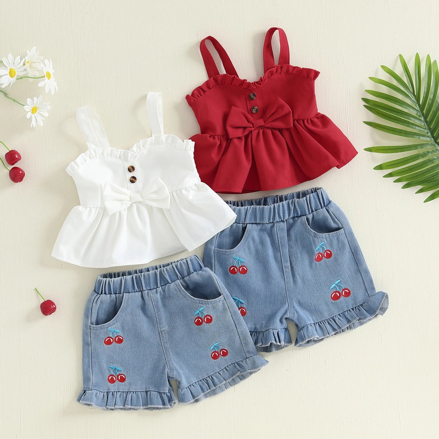 Girls Summer Outfits Bow Sleeveless Camisole and Elastic Cherry Embroidery Denim Shorts Set