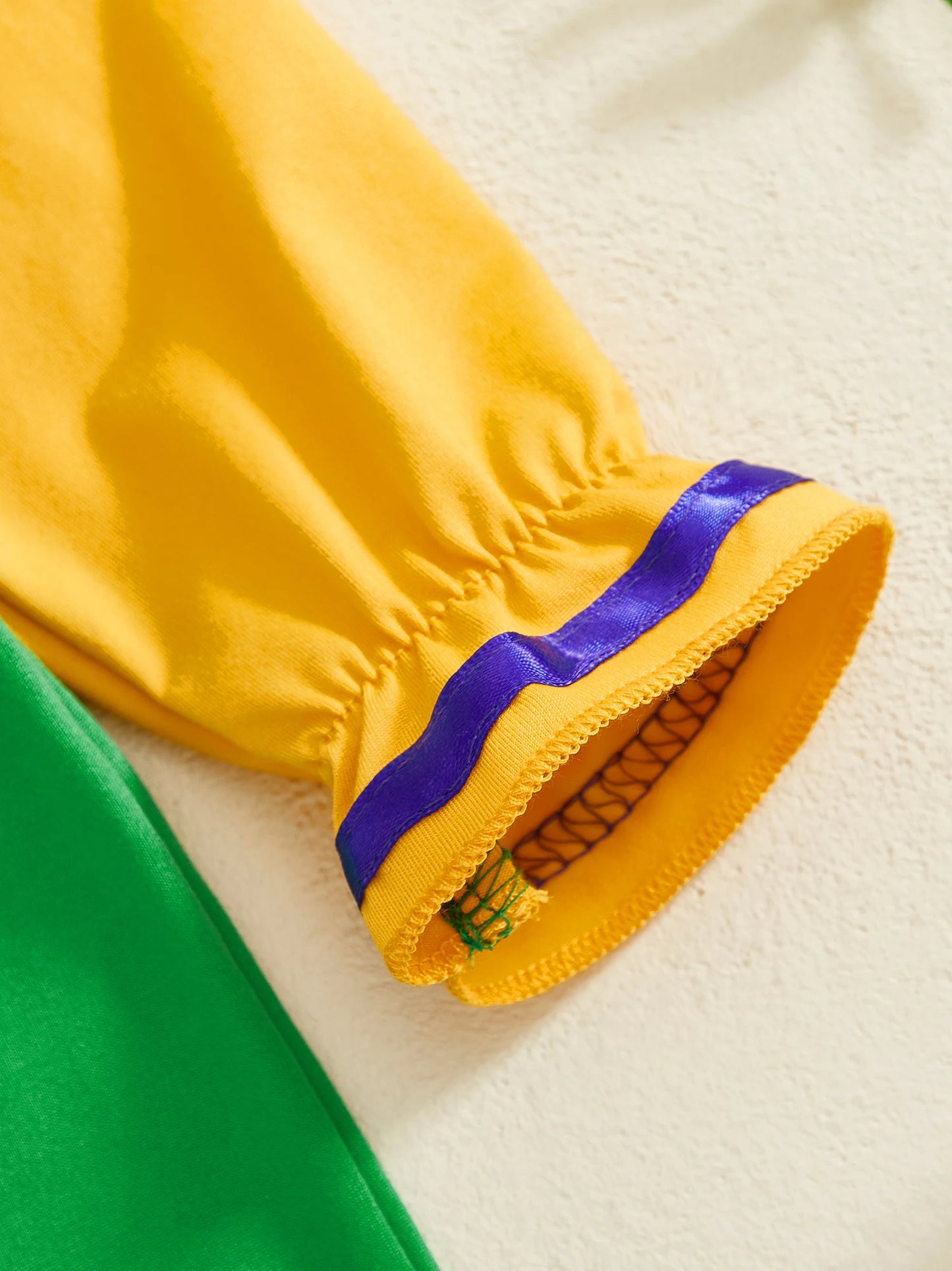 Mardi Gras Themed Romper Contrast Color Ruffled Neckline Long Sleeve Facewear Print Jumpsuit