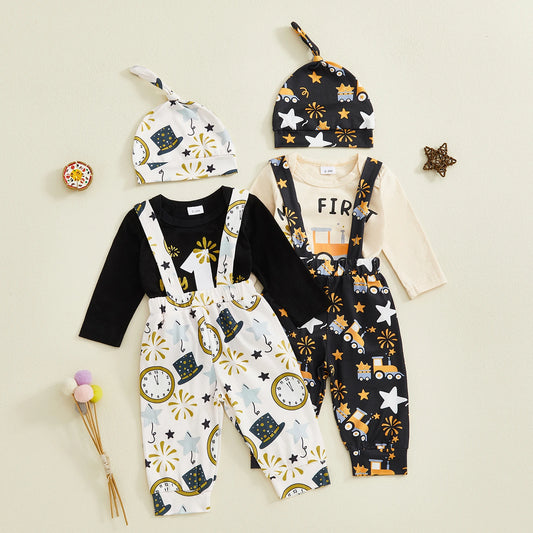 Baby Boy Outfit Long Sleeve Letters Print Romper with Firework Overall Pants and Hat New Year Infant Outfit