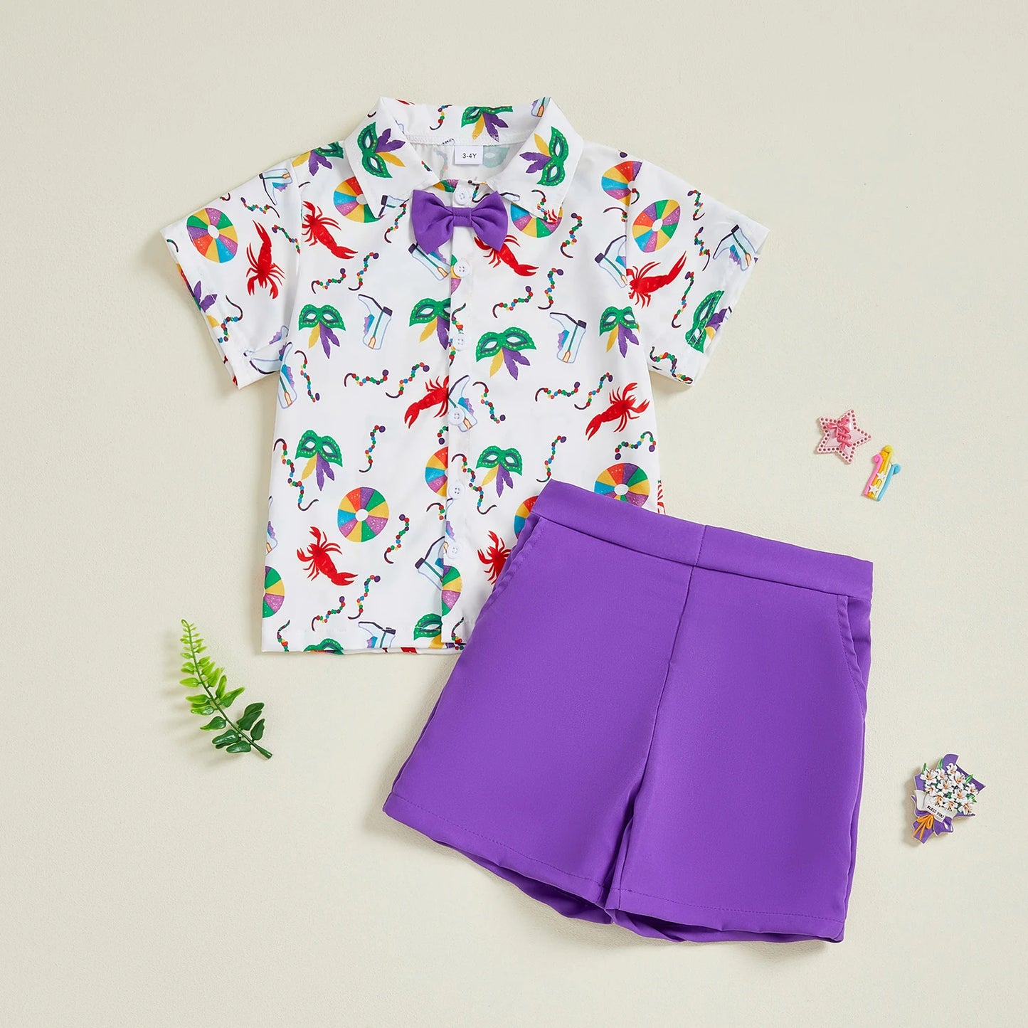 Toddler Boy Mardi Gras Outfit Facewear Print Short Sleeve Bowtie Shirt Solid Elastic Waist Shorts 2 Piece Gentleman Set