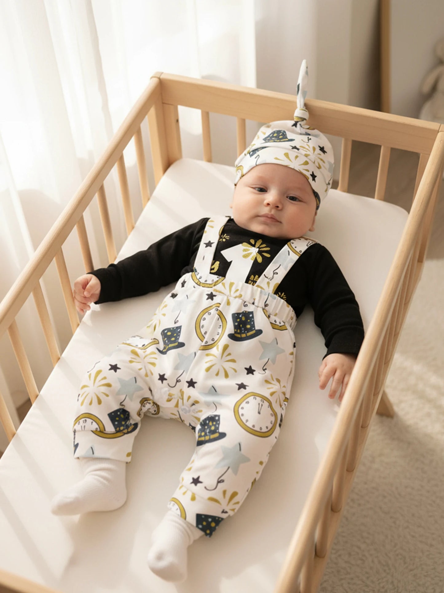 Baby Boy Outfit Long Sleeve Letters Print Romper with Firework Overall Pants and Hat New Year Infant Outfit