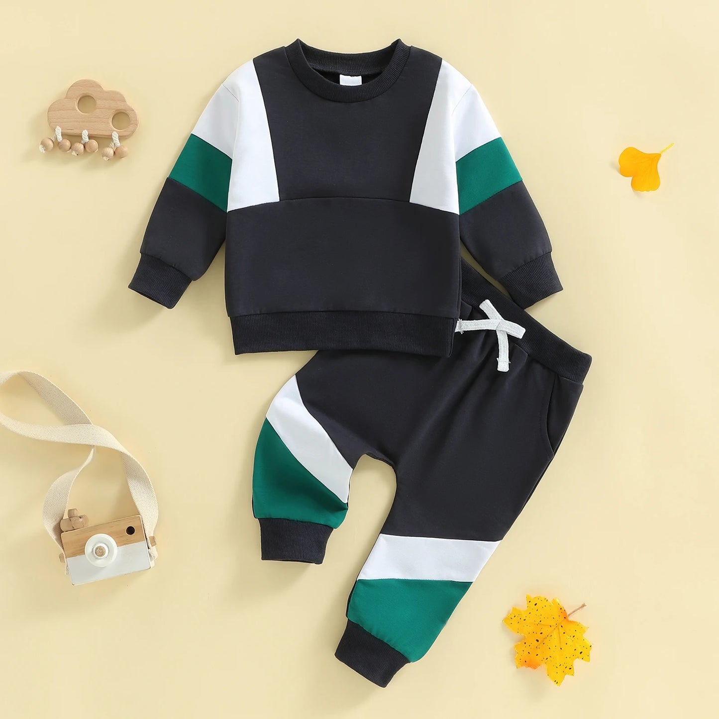 2Pcs Toddler Boy Fall Outfits Long Sleeve Crew Neck Patchwork Pullover Sweatshirt and Joggers Pants Set