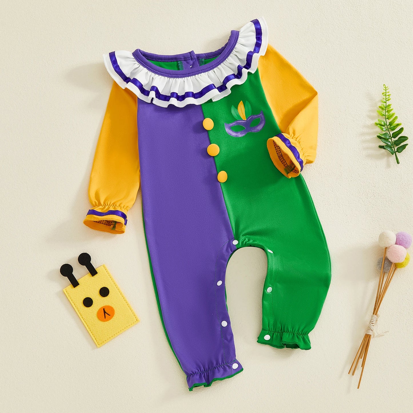 Mardi Gras Themed Romper Contrast Color Ruffled Neckline Long Sleeve Facewear Print Jumpsuit