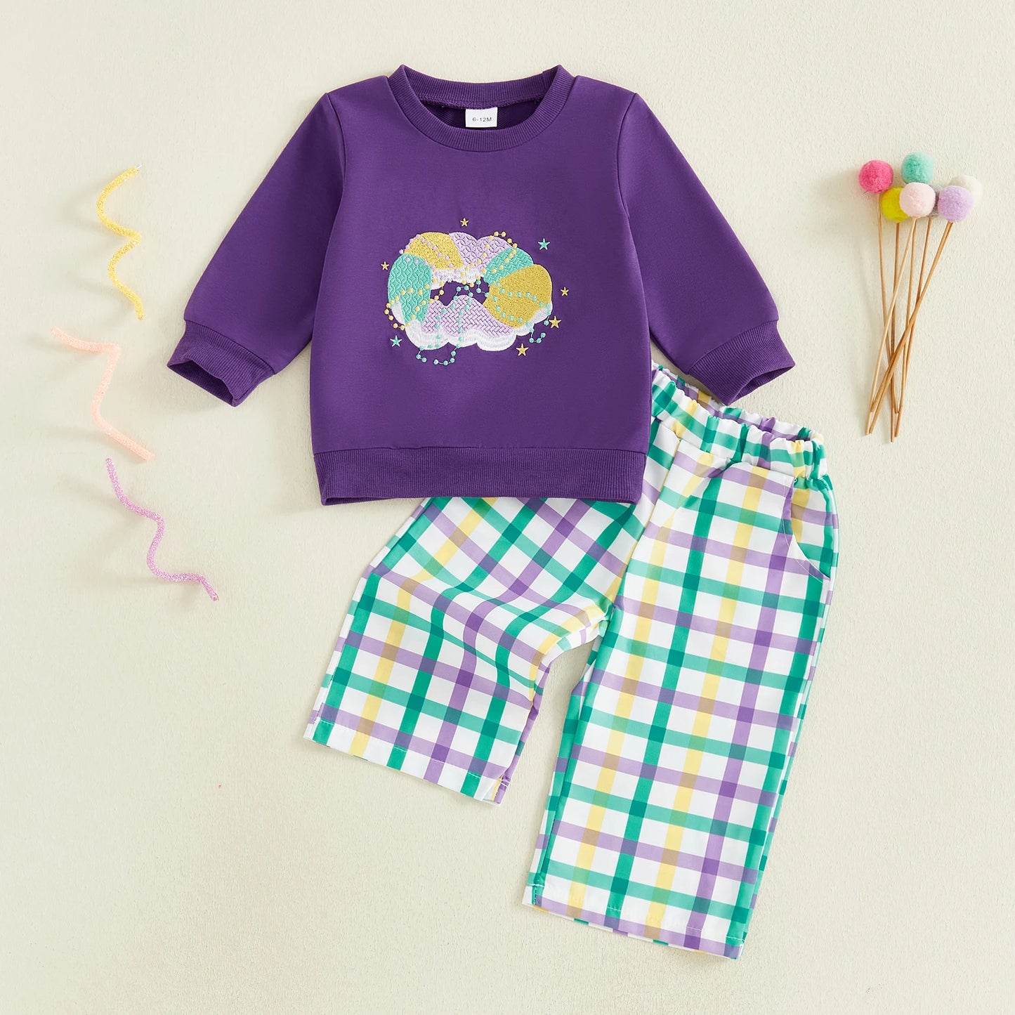 Toddler Baby Mardi Gras Outfits Embroidery Long Sleeve Round Neck Pullover Elastic Waist Plaid Pants 2 Pcs Set