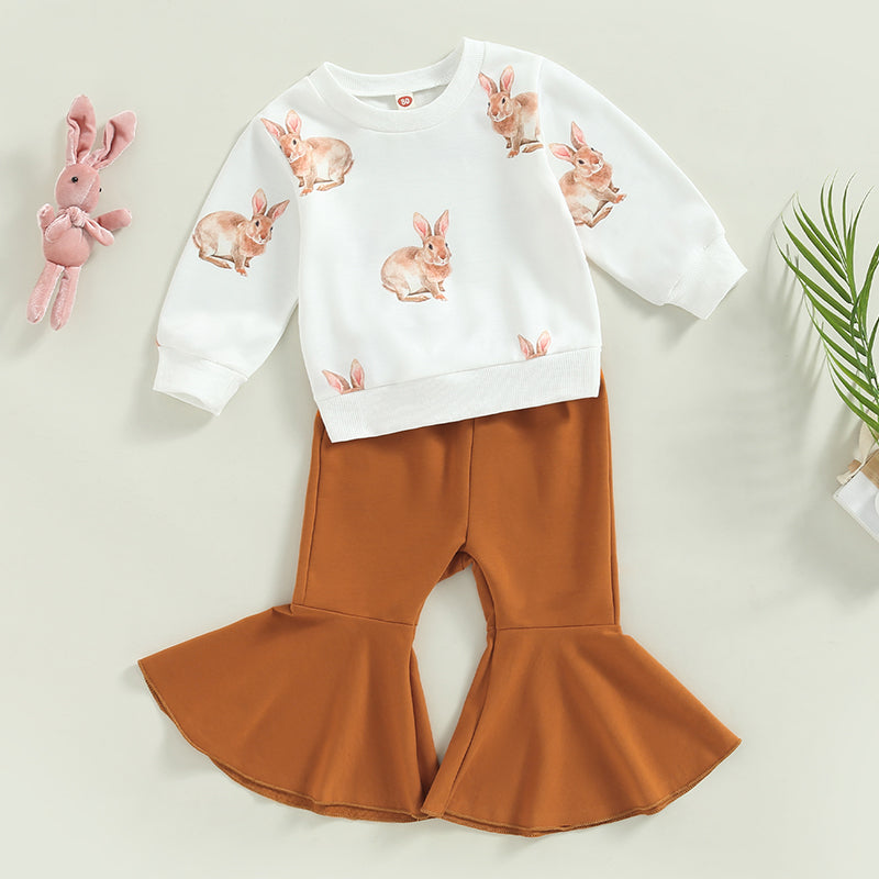 Girls Easter Clothes Set, Rabbit Print Long Sleeve Crew Neck Sweatshirts with Solid Flare Pants
