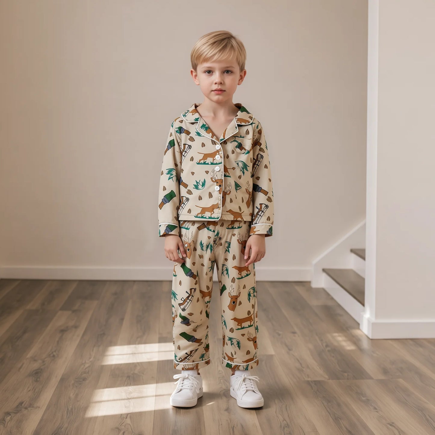 2Pcs Hunting Pajamas Sets for Toddler Boy Long Sleeve Button Down Lapel V Neck Tops with Elastic Waist Pants Nightwear