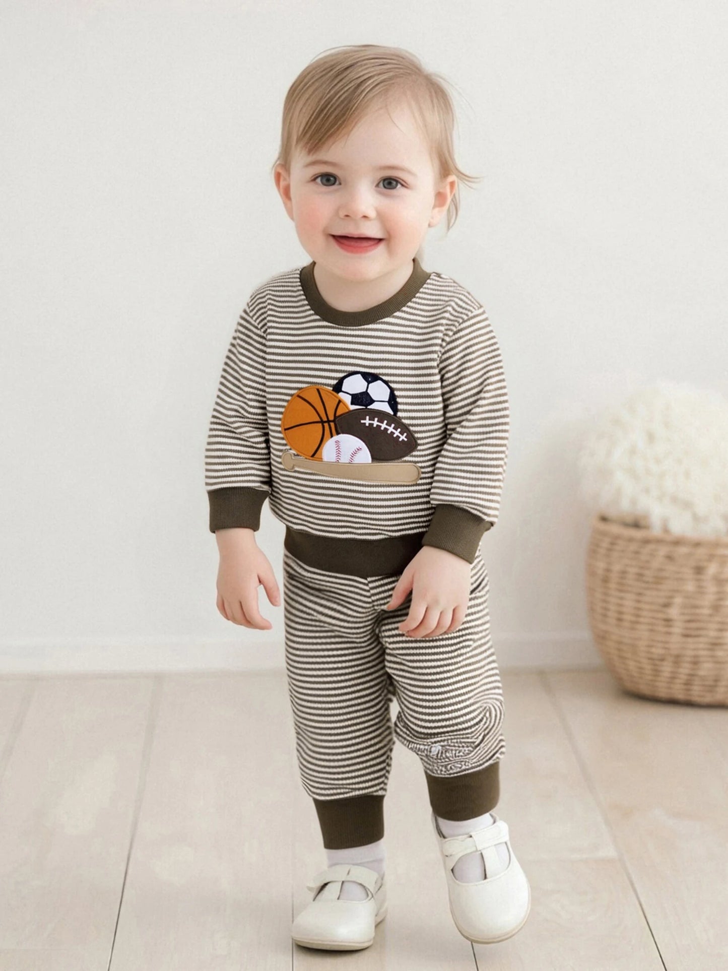 Lioraitiin Toddler Baby Boy Fall Outfit Rugby Embroidery Striped Long Sleeve Sweatshirt and Elastic Pants 2 Piece Clothes