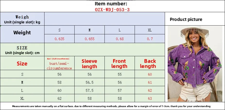 Corduroy Women Mardi Gras Jacket Iris Glitter Cardigan Purple Lapels Single Breasted Spliced Women's Coat Jackets