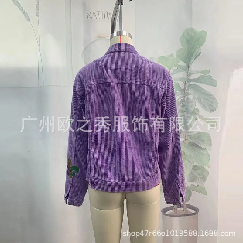 Corduroy Women Mardi Gras Jacket Iris Glitter Cardigan Purple Lapels Single Breasted Spliced Women's Coat Jackets