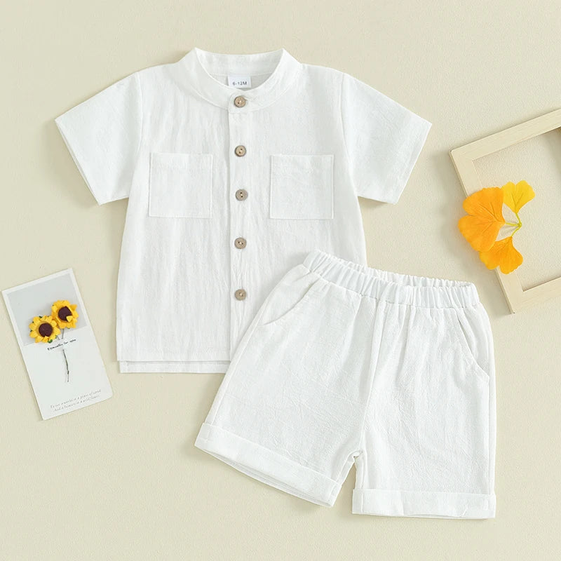 Kids Boys Summer Linen Outfits Solid Color Buttons Short Sleeve Tops and Elastic Waist Shorts 2Pcs Clothes Set