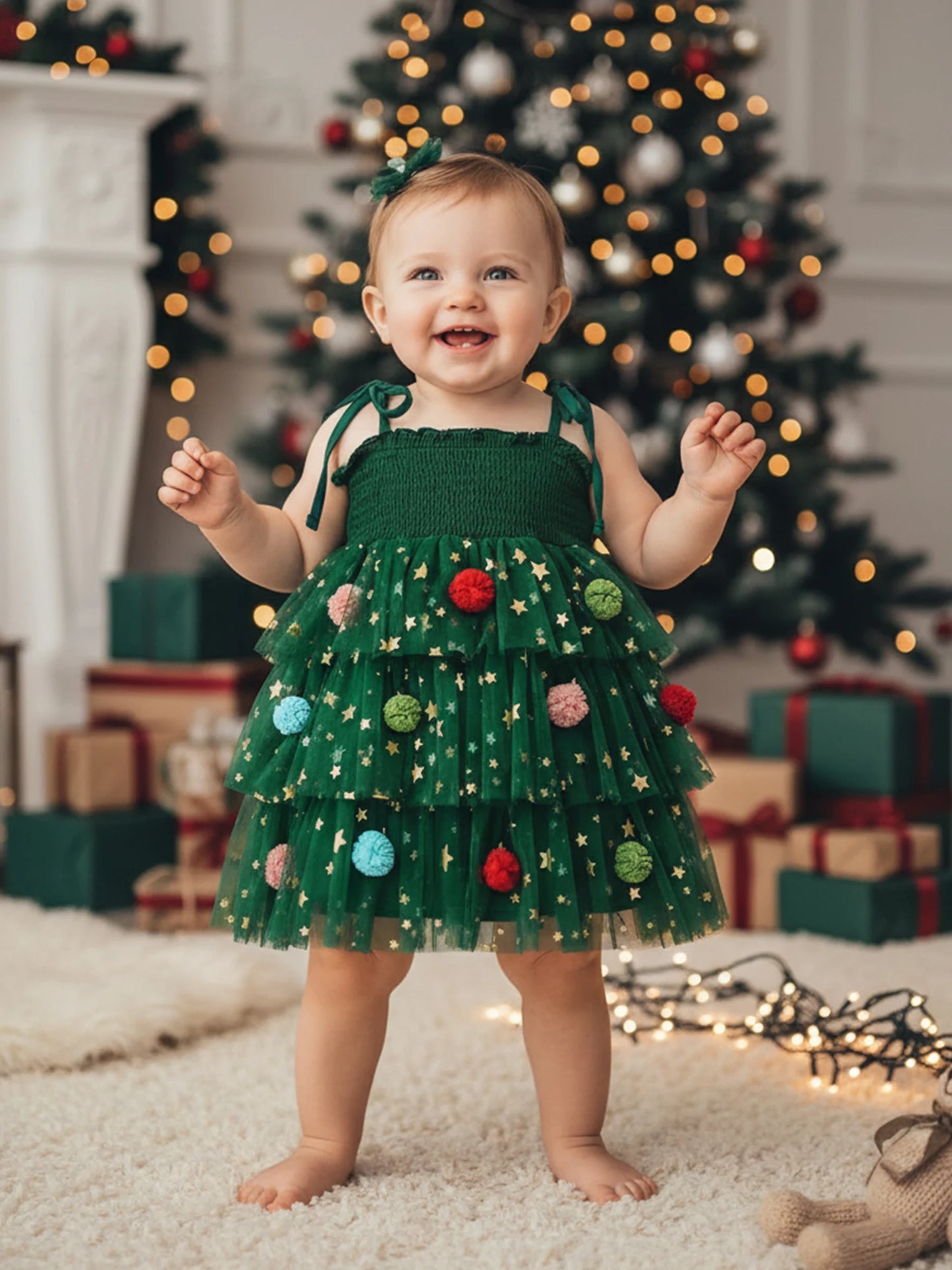 Toddler Girl Christmas A Line Dress Star Print Sleeveless Tie-up Strap Smocked Tulle Cake Dress