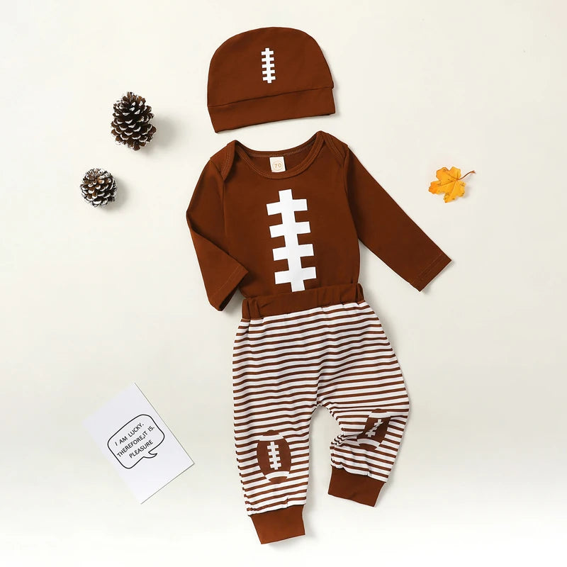 Baby Boy Girl Football Outfit Long Sleeve Sweatshirt Romper Rugby Stripe Elastic Pants 3PCS Clothes