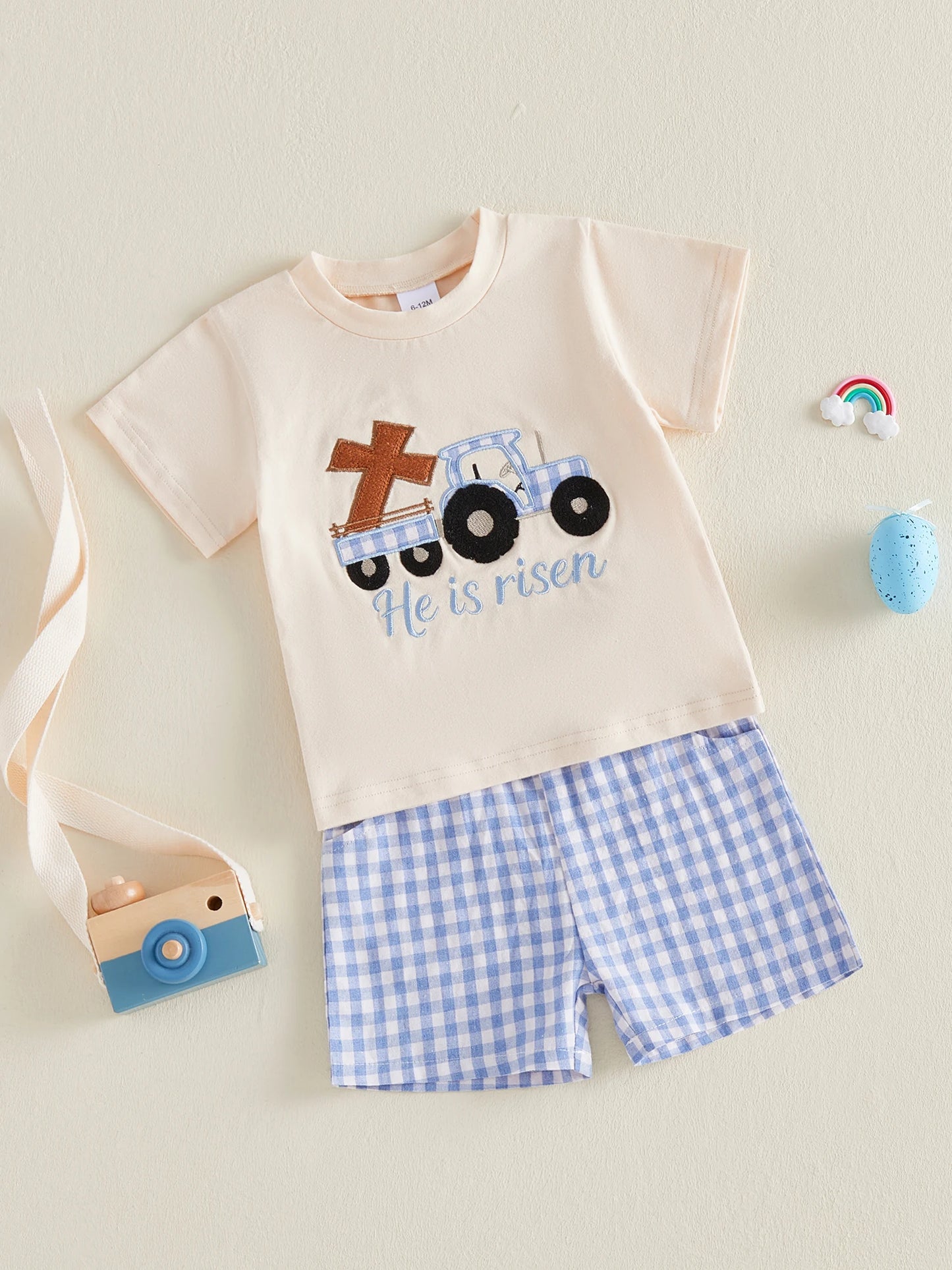 2Pcs Baby Boy Easter Outfits Short Sleeve Cross Truck Embroidery T-Shirt + Shorts Set Toddler Clothes