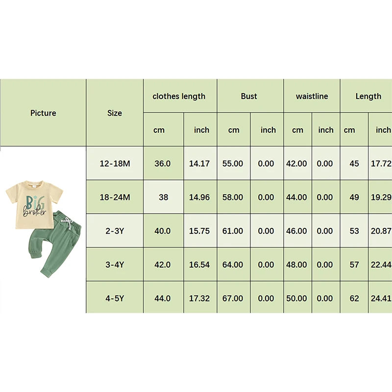 Summer Baby Boys Brother Outfit Letter Print Short Sleeve T-Shirt and Elastic Pants Clothes Set