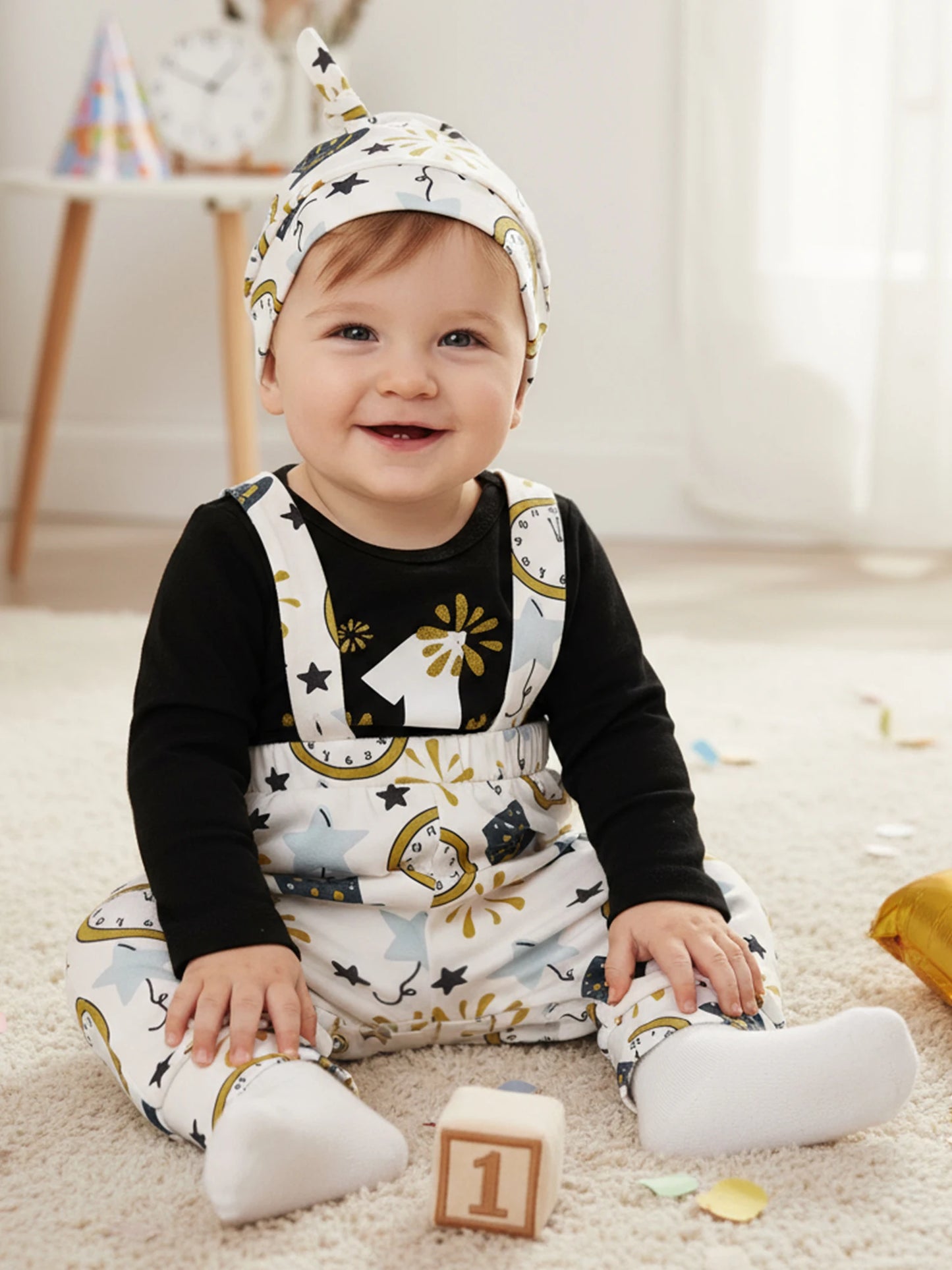 Baby Boy Outfit Long Sleeve Letters Print Romper with Firework Overall Pants and Hat New Year Infant Outfit