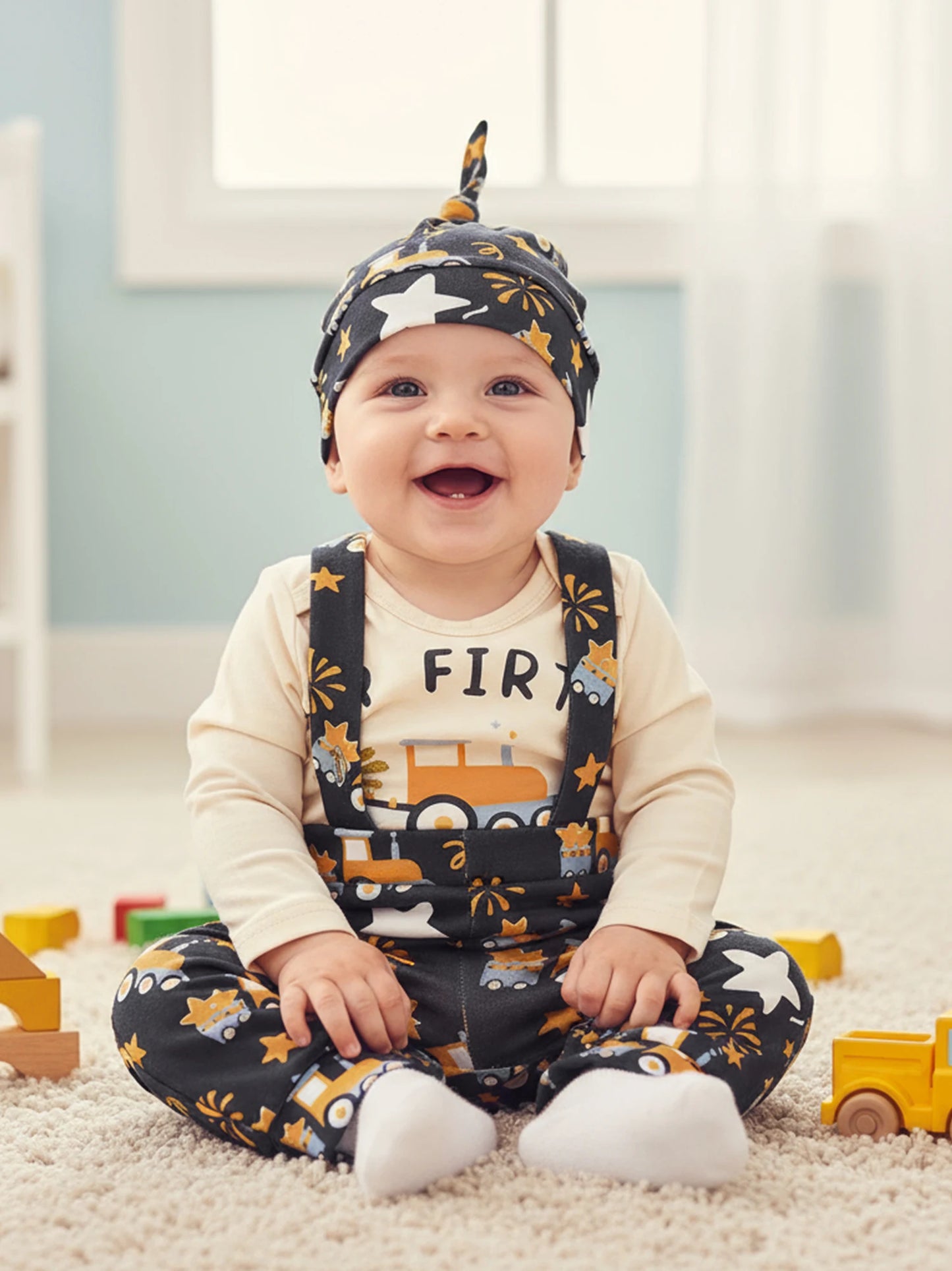 Baby Boy Outfit Long Sleeve Letters Print Romper with Firework Overall Pants and Hat New Year Infant Outfit