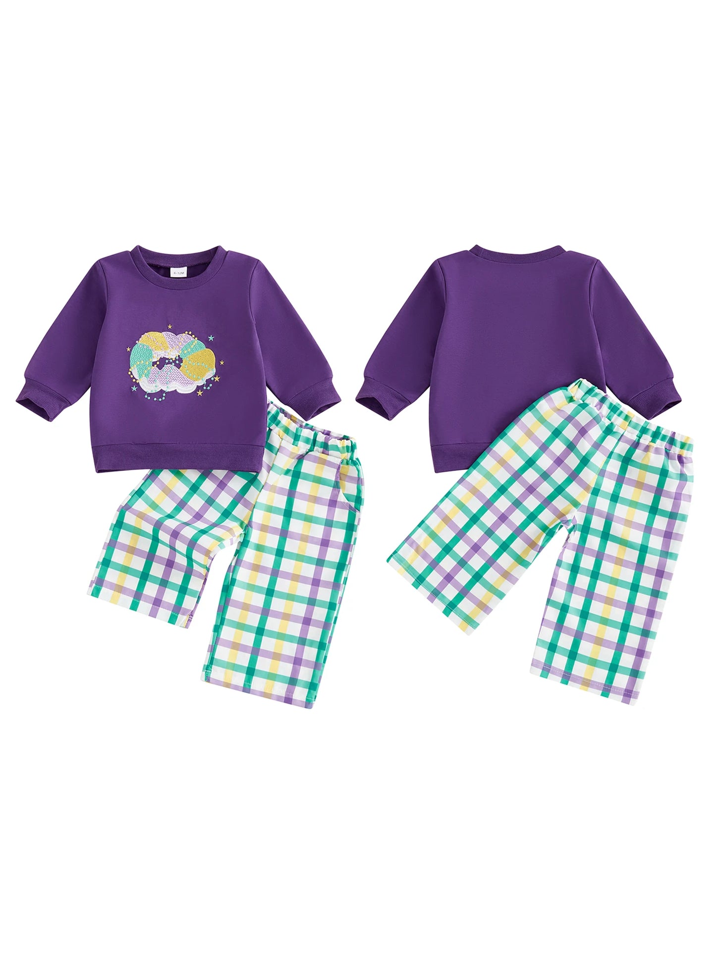 Toddler Baby Mardi Gras Outfits Embroidery Long Sleeve Round Neck Pullover Elastic Waist Plaid Pants 2 Pcs Set