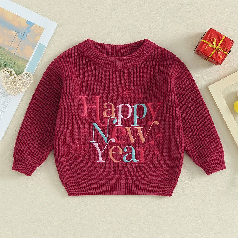 Baby Boy Girl New Year Outfit Long Sleeve Crewneck Letter Embroidery Sweater Tops Infant Winter Clothes