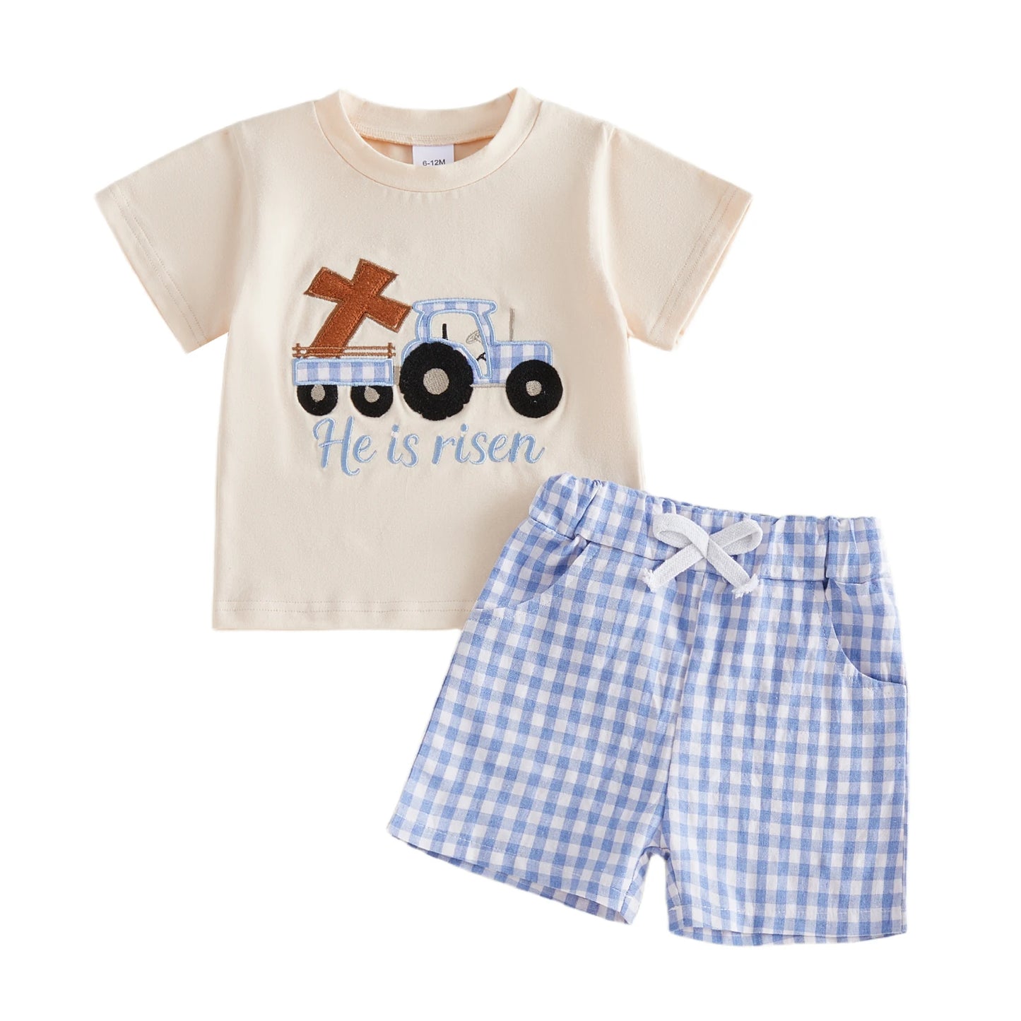 2Pcs Baby Boy Easter Outfits Short Sleeve Cross Truck Embroidery T-Shirt + Shorts Set Toddler Clothes