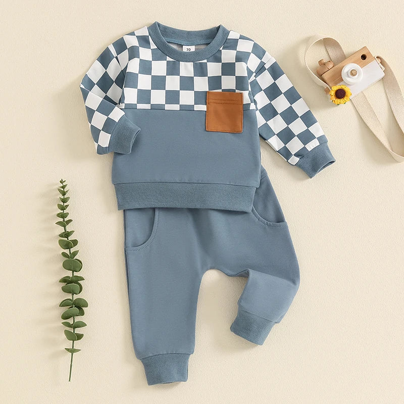Toddler Boy Fall Clothes Checkerboard Print Long Sleeve Pocket Sweatshirt with Solid Color Pants 2Pcs Outfits